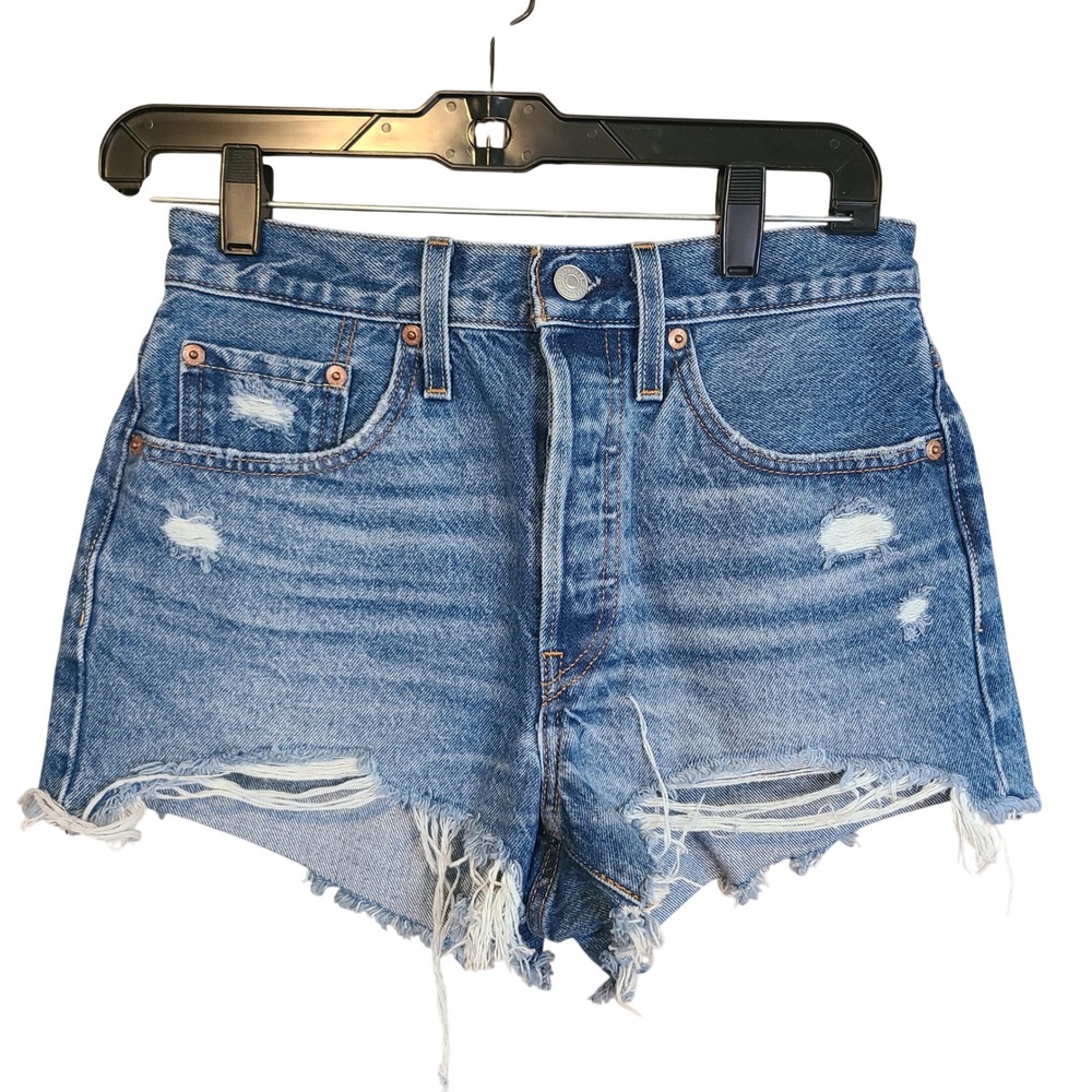 Levi's 501 Original Shorts Women W26 Blue Good Distressed‎ High Rise Cut Off